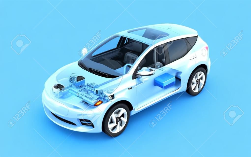Electric generic car technical cutaway 3d rendering with all main details of EV system in ghost effect. Perspective bird eye view on white background.