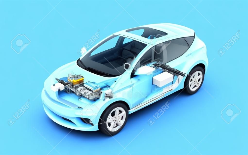 Technisches Cutaway-3D-Rendering für elektrische generische Autos mit allen wichtigen Details des EV-Systems in Ghost-Effekt. Perspektivische Vogelperspektive auf weißem Hintergrund.