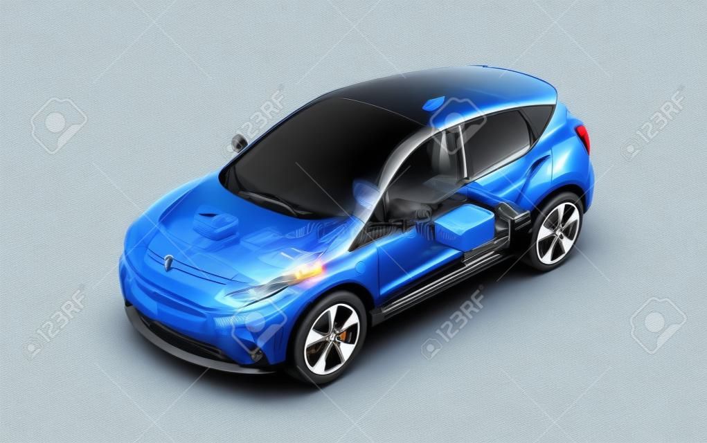Electric generic car technical cutaway 3d rendering with all main details of EV system in ghost effect with drawing. Perspective bird eye view on white background.