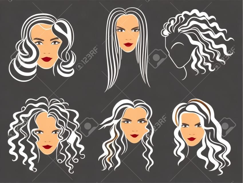 Kobiety twarz włosy styl sylwetka logo. Ilustracja wektorowa