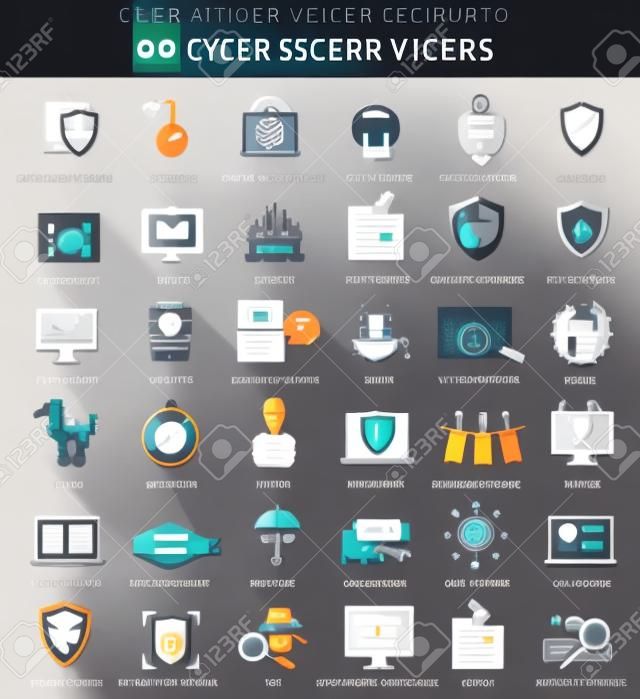 Vector Cyber ​​biztonsági lapos ikon készlet. Elegáns stílus design