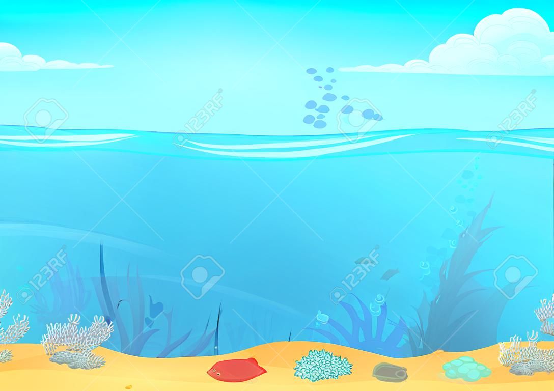 Cartoon sea bottom background for game design. Underwater empty seamless landscape