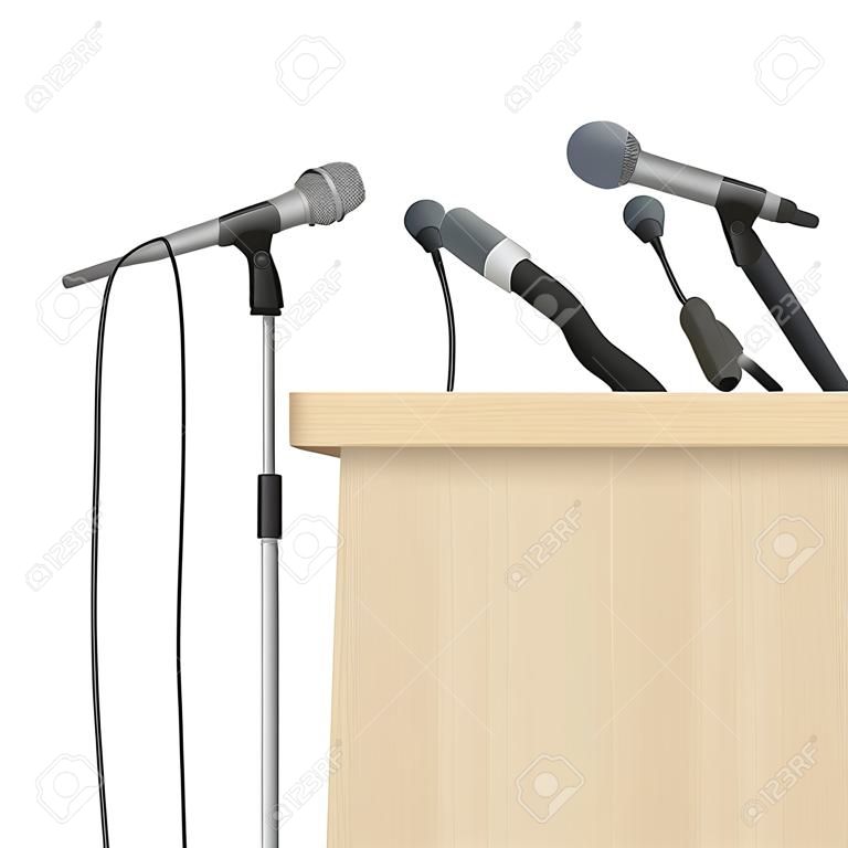 Conferenza stampa di altoparlanti podio tribuna con microfoni sullo sfondo alpha