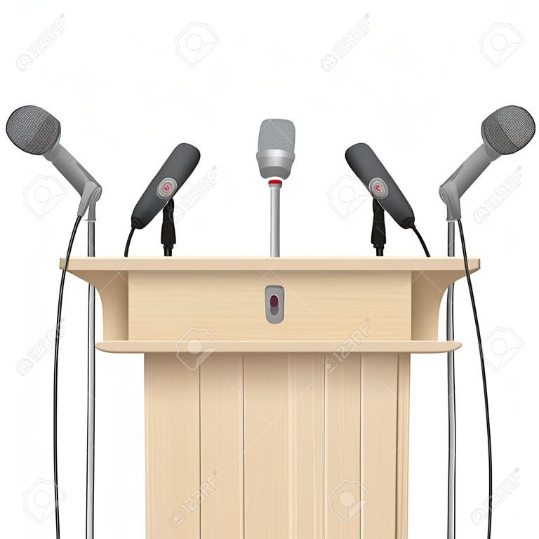 Conferenza stampa di altoparlanti podio tribuna con microfoni sullo sfondo alpha