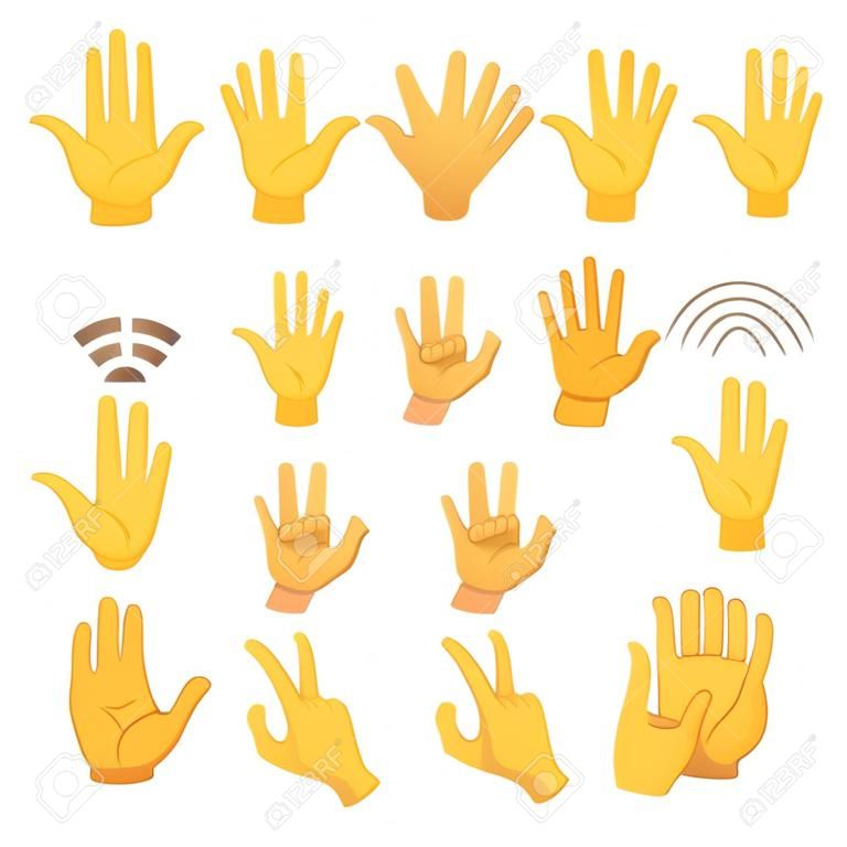 Set van handen pictogrammen en symbolen. Emoji hand pictogrammen. Verschillende gebaren, handen, signalen en tekens, alfa achtergrond vector illustratie.