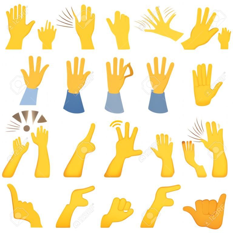 Zestaw rąk ikon i symboli. Emotikon ikony ręki. Różne gesty, ręce, sygnały i znaki alfa, ilustracji wektorowych tło.