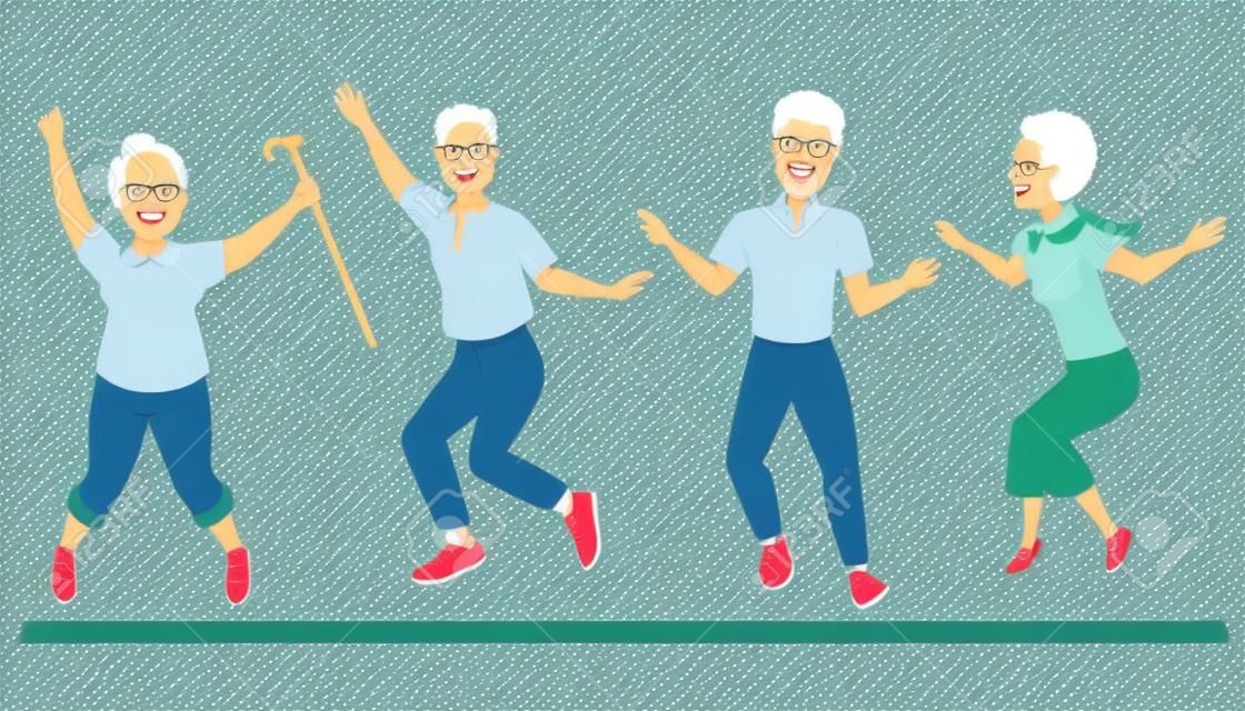 Grupo de personas mayores juntas. Activo y feliz viejo salto senior. Ilustración de vector de dibujos animados.