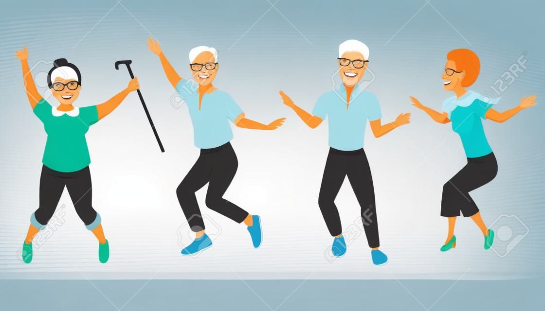 Grupa osób starszych razem. Aktywne i szczęśliwe starych skoków seniorów. Ilustracji wektorowych kreskówek.