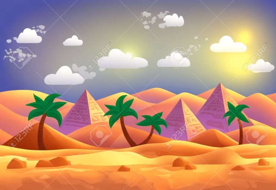 Paisaje de estilo de desierto de arena de naturaleza de dibujos animados con palmeras, hierbas y pirámides de Egipto