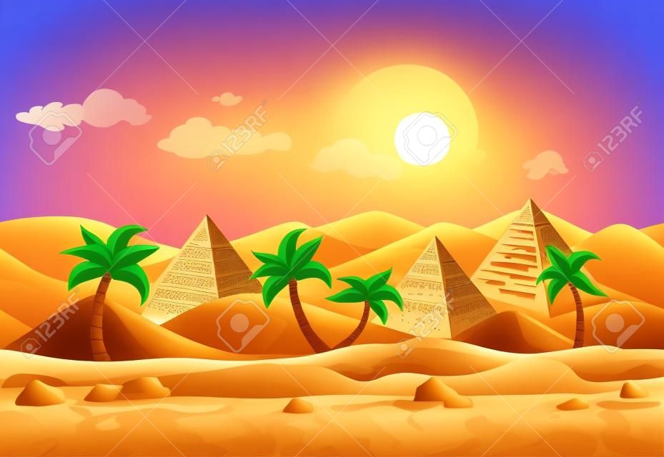 Cartoon natureza areia deserto estilo de jogo paisagem com palmeiras, ervas e pirâmides egípcias
