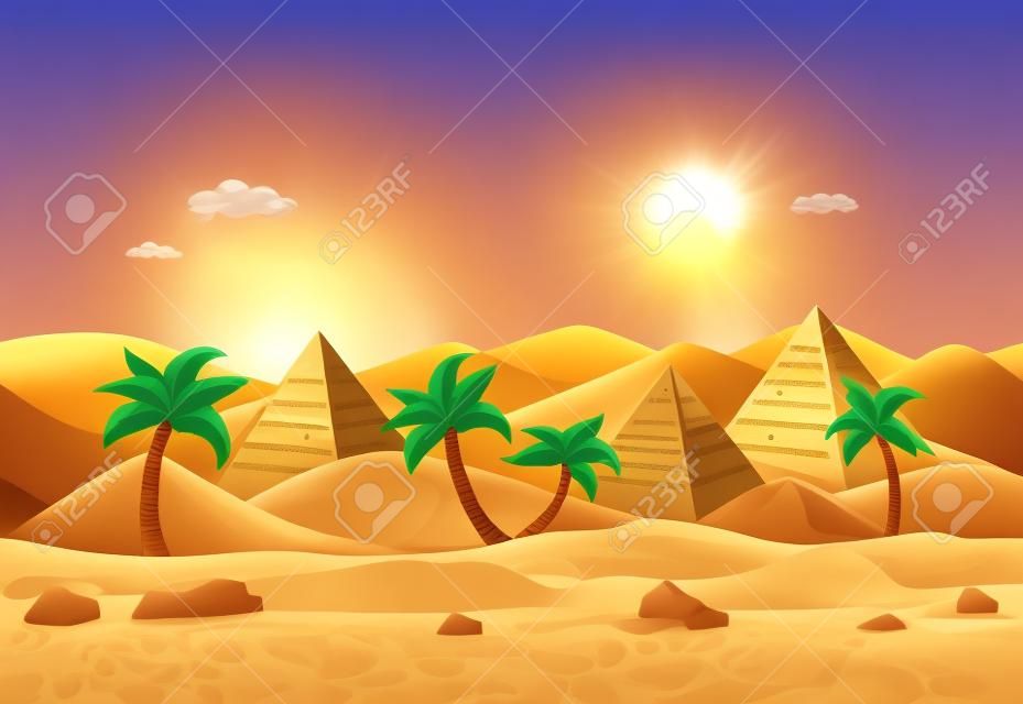 Cartoon nature sand desert game style landscape with palms, herbs and Egyptian pyramids