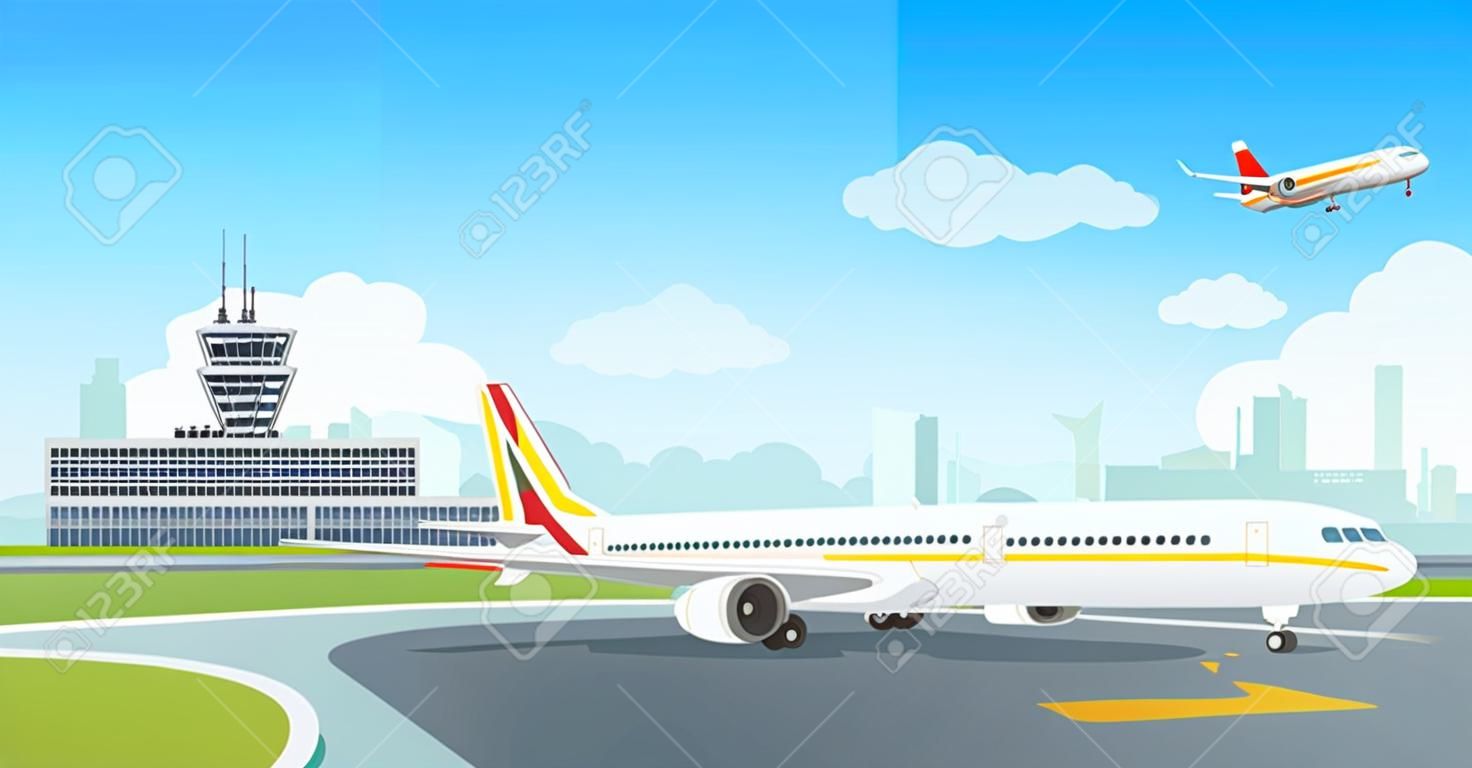 Airport Terminal building with aircraft airplane taking off. Vector airport landscape.