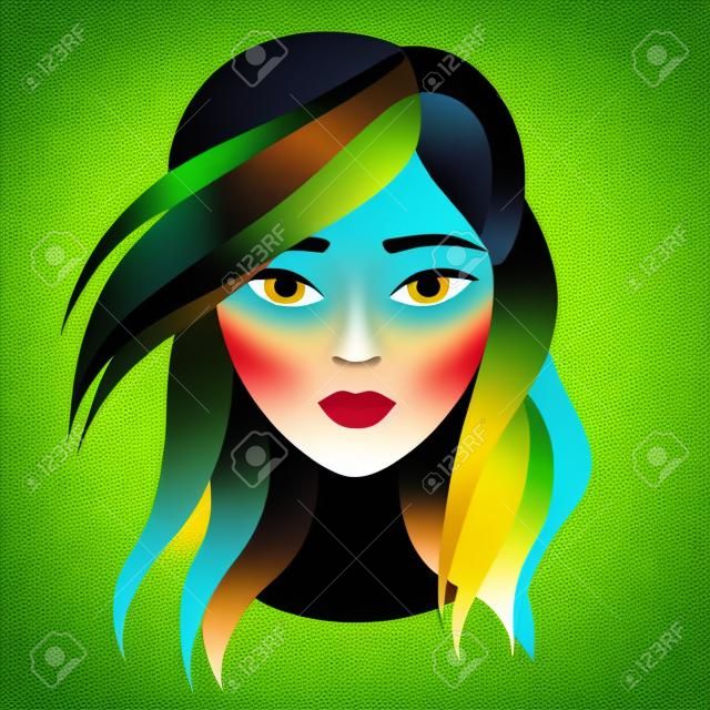 Vector retrato rosto de mulher bonita jovem com cabelo verde longo. Papel da moda em camadas corte art. Beleza conceito de moda logotipo.