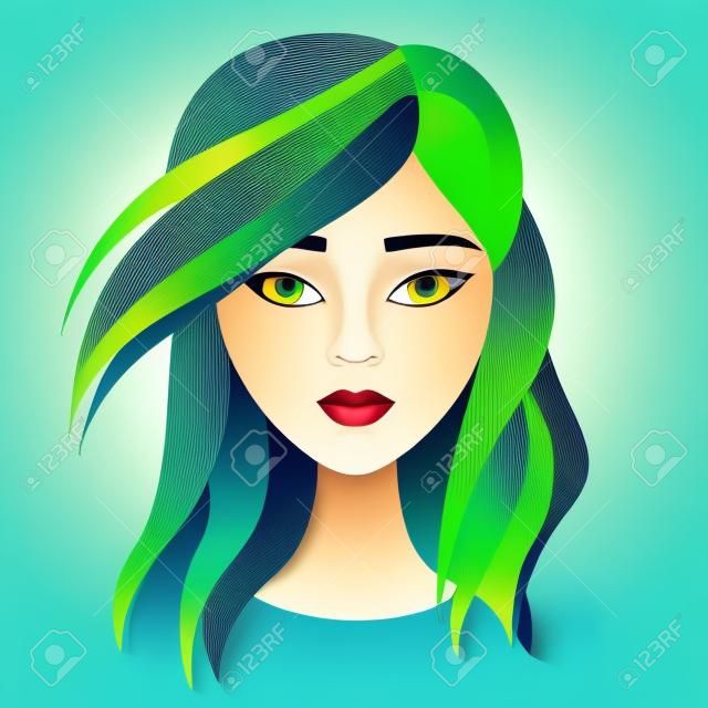 Cara de retrato de vector de mujer hermosa joven con cabello largo verde. Arte de corte en capas de papel de moda. Logotipo del concepto de moda de belleza.