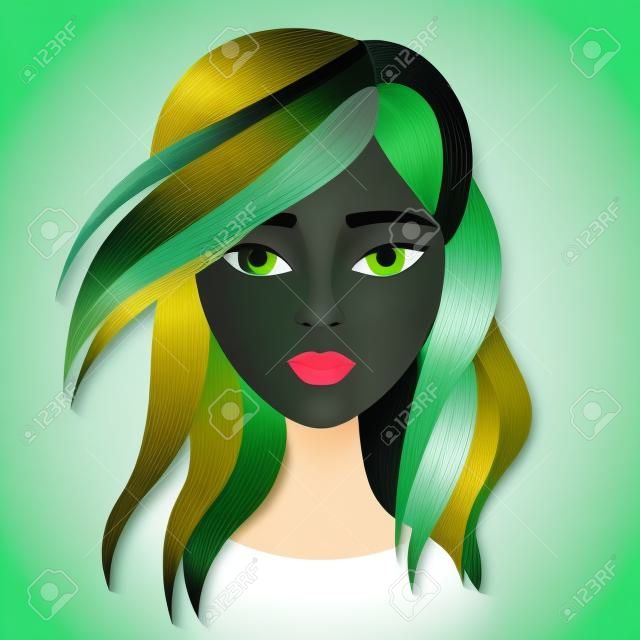 Cara de retrato de vector de mujer hermosa joven con cabello largo verde. Arte de corte en capas de papel de moda. Logotipo del concepto de moda de belleza.