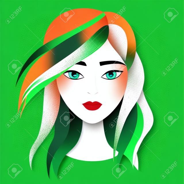 Vector retrato rosto de mulher bonita jovem com cabelo verde longo. Papel da moda em camadas corte art. Beleza conceito de moda logotipo.