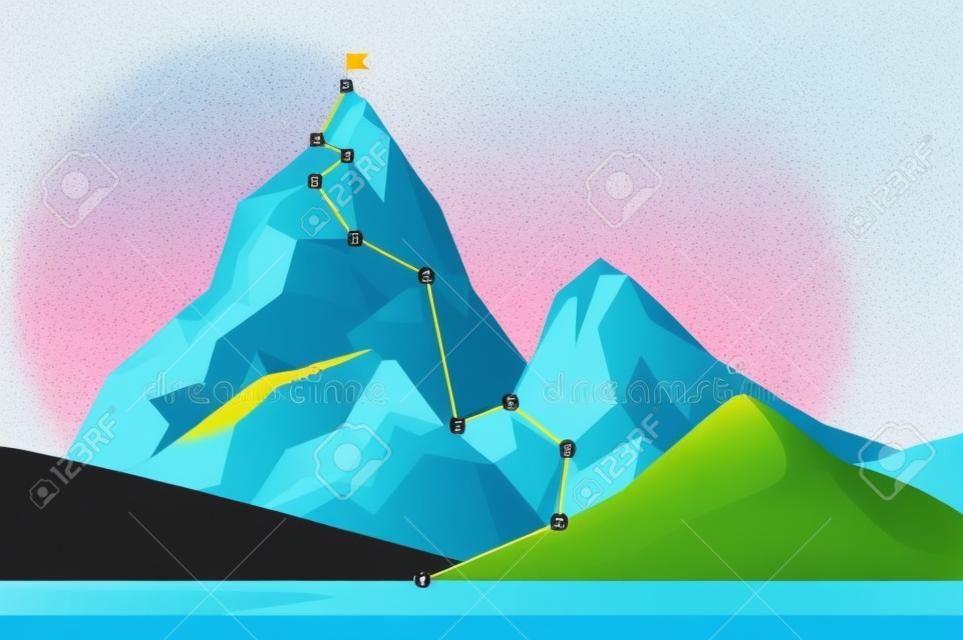 Mountain climbing route to peak. Business progress motivation, discipline and success target concept vector illustration. Cartoon mountain peak, climbing route to top of rock