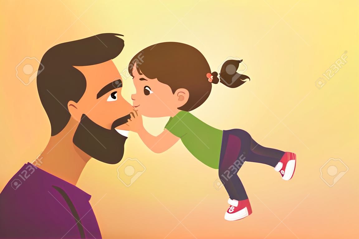 Słodkie małe dziecko dziewczynka całuje swojego szczęśliwego ojca ilustracja kreskówka wektor