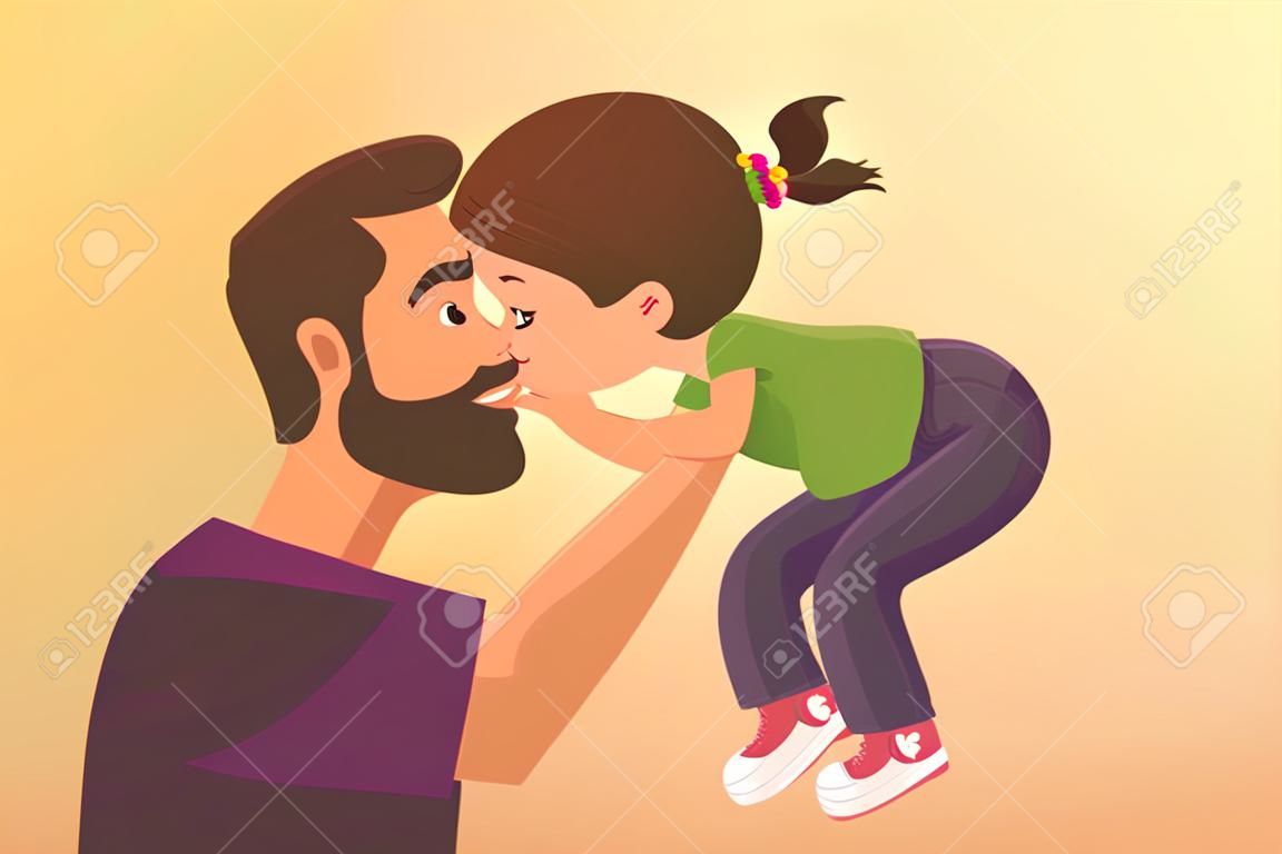 Cute little girl kid kisses his happy father cartoon vector illustration