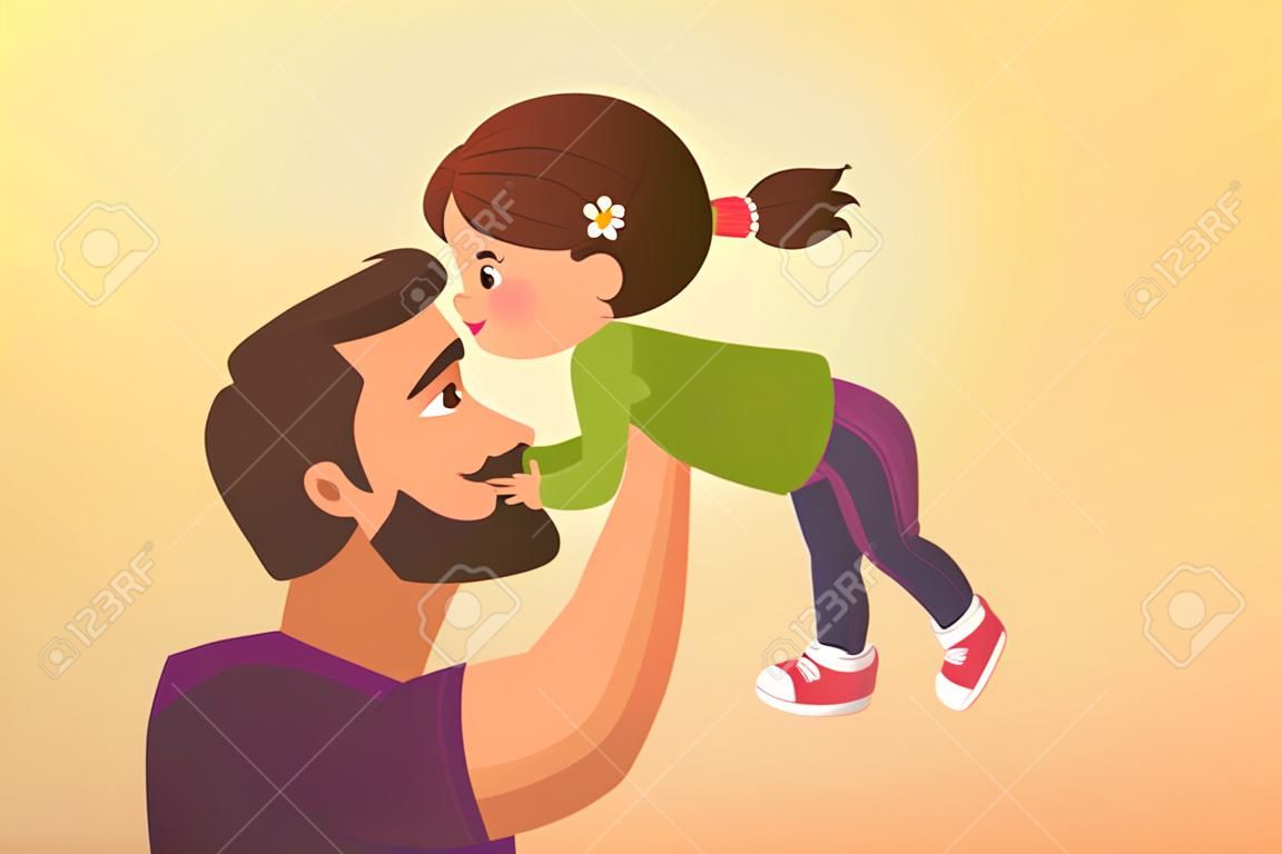 Cute little girl kid kisses his happy father cartoon vector illustration