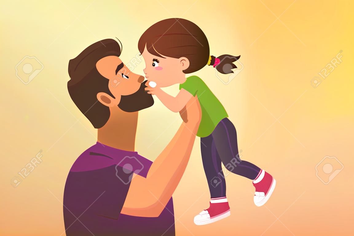 Il bambino sveglio della bambina bacia la sua illustrazione di vettore del fumetto del padre felice