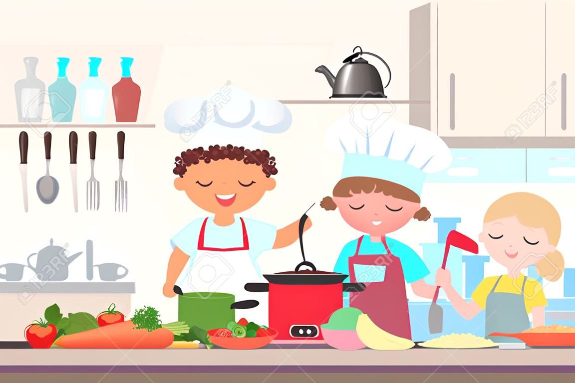 Happy little cute children kids cooking delicious food in the kitchen. Chef boy in a cooks cap holds a ladle cooking soup, girl cuts the baton, kid in an apron prepares salad vector illustration.