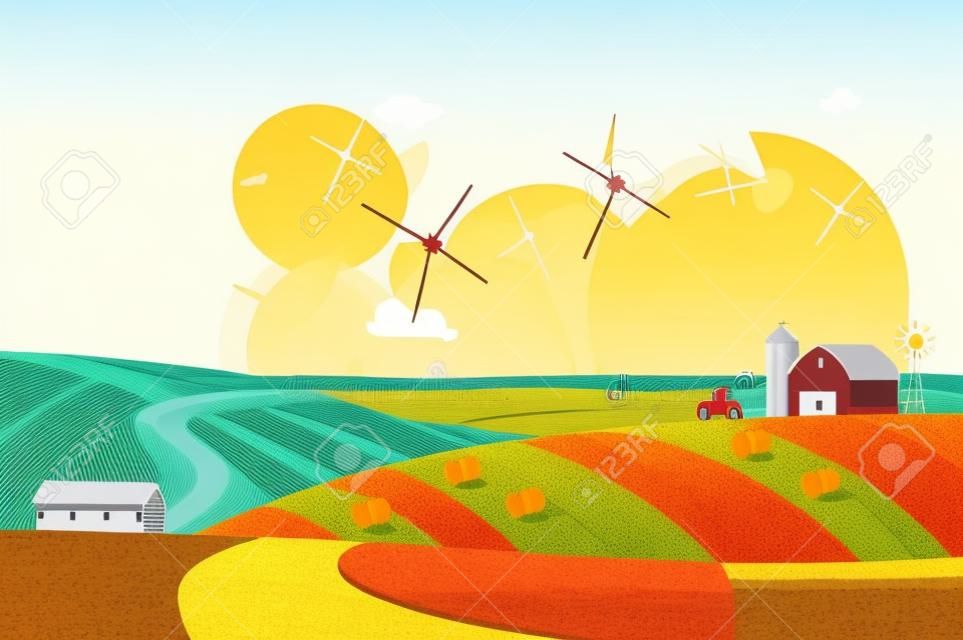 農業車両、風車、サイレージタワー、干し草と農場の風景を収穫秋の晴れたエコ。カラフルなフラットベクターイラスト
