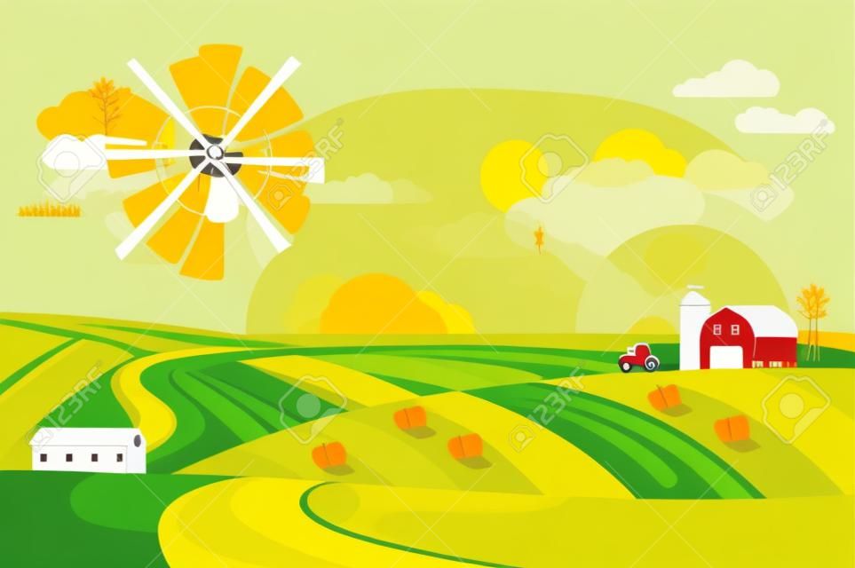 Autumn sunny eco harvesting farm landscape with agriculture vehicles, windmill, silage tower and hay. Colorful flat vector illustration