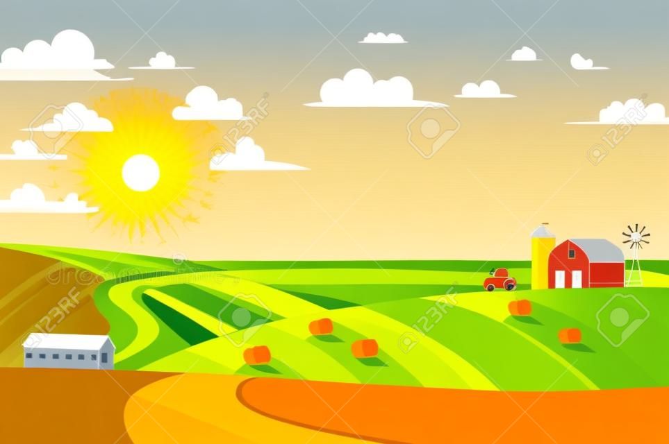 Autumn sunny eco harvesting farm landscape with agriculture vehicles, windmill, silage tower and hay. Colorful flat vector illustration