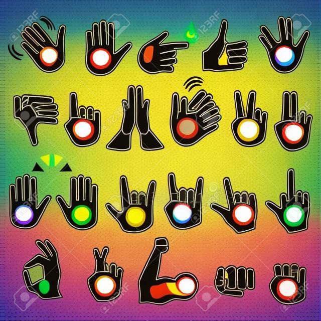 Conjunto de ícones e símbolos de mãos negras africanas ou brasileiras. cones de mãos emoji. Diferentes gestos, mãos, sinais e sinais de desenhos animados conjunto de ilustração vetorial