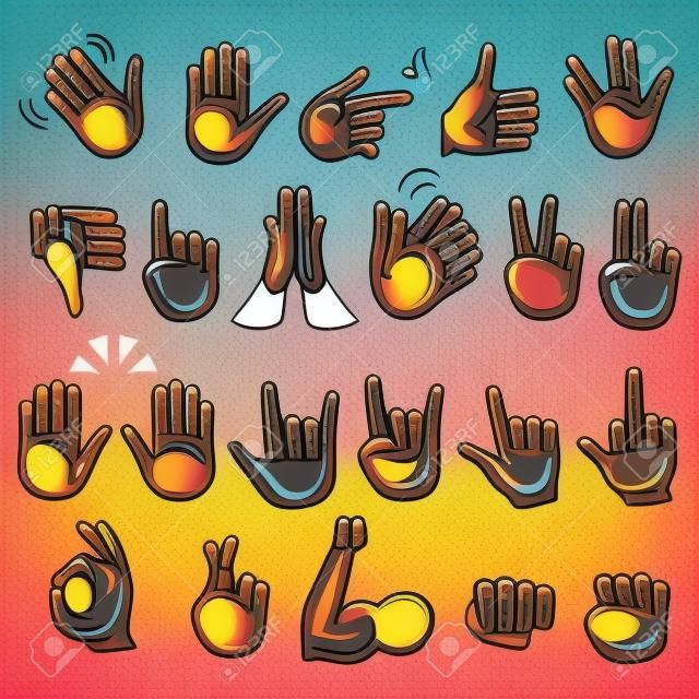 Set of african american or brazilian black hands icons and symbols. Emoji hand icons. Different cartoon gestures, hands, signals and signs set vector illustration