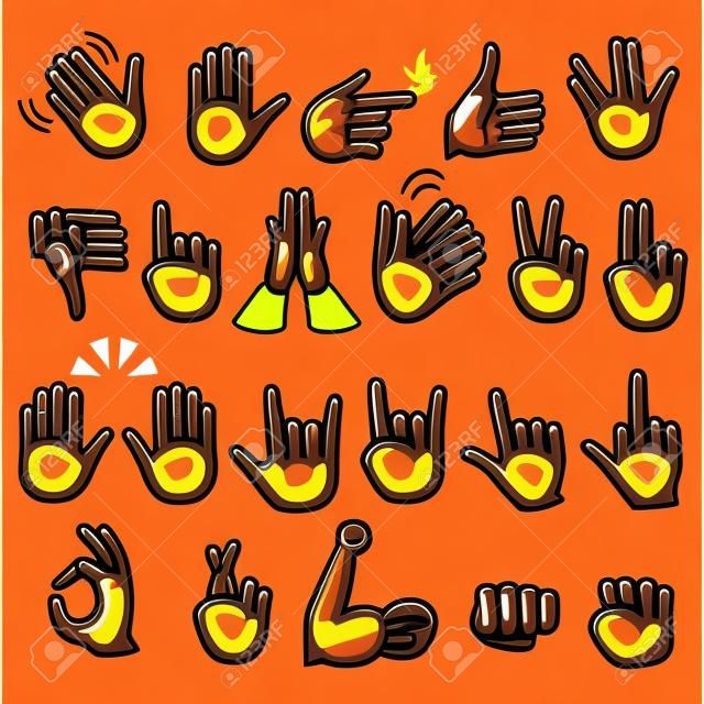 Ensemble d'icônes et de symboles de mains noires afro-américaines ou brésiliennes. Icônes de main Emoji. Différents gestes, mains, signaux et signes de dessins animés définissent une illustration vectorielle