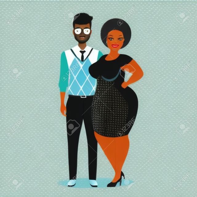 Mixed race atypical weird interracial couple character flat vector illustration. Portrait caucasian thin guy and black african american puffy fat girlfriend in elegant dress. Unequal marriage