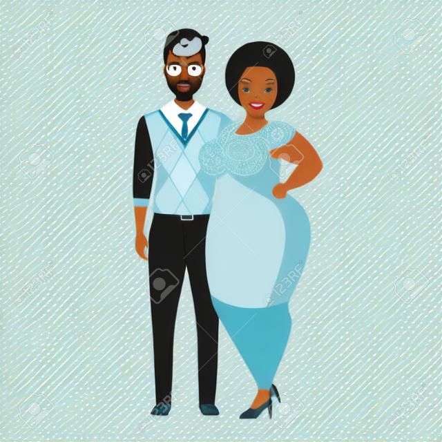 Mixed race atypical weird interracial couple character flat vector illustration. Portrait caucasian thin guy and black african american puffy fat girlfriend in elegant dress. Unequal marriage