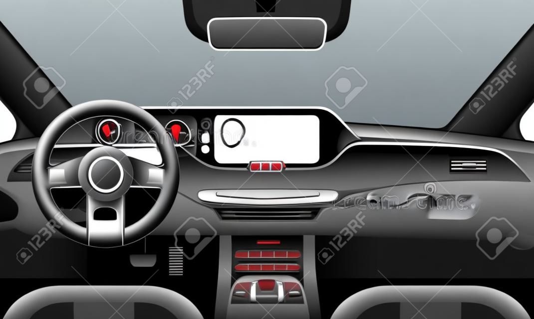 Auto auto salon interieur vector illustratie. Cartoon platte details van front auto dashboard zwart paneel, raamruit, roer stuurwiel, spiegel. Moderne auto voertuig binnenzicht achtergrond