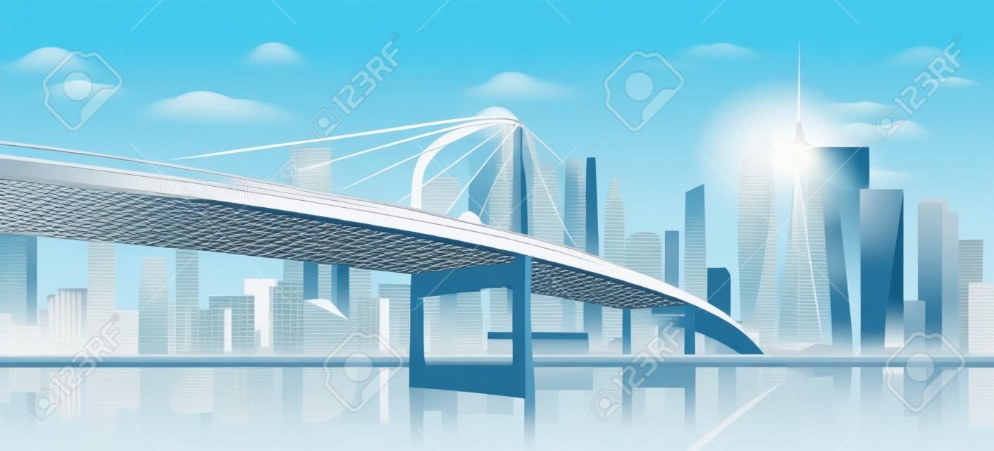 City bridge over water bay vector illustration. Cartoon flat modern new bridge to downtown futuristic metropolis, blue downtown cityscape with waterfront buildings, tower skyscrapers landscape view
