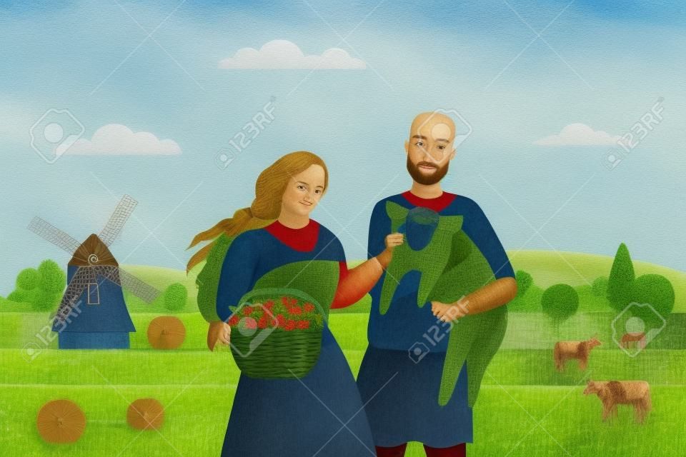Medieval farmers and green farm field landscape, happy peasants family standing together