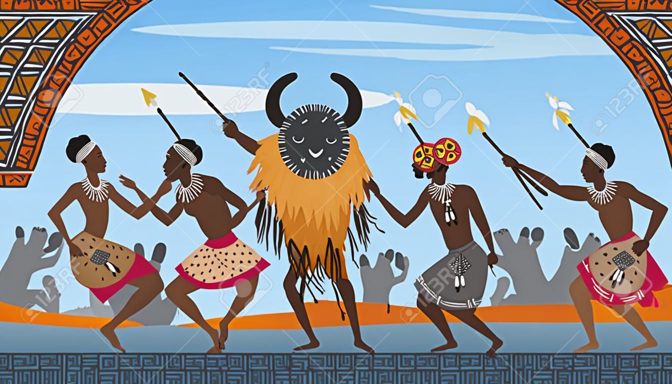 African people dance on traditional ethnic pattern ornament in Africa vector illustration. Cartoon aborigine warrior and shaman tribal dancers characters dancing ethnic native dances background