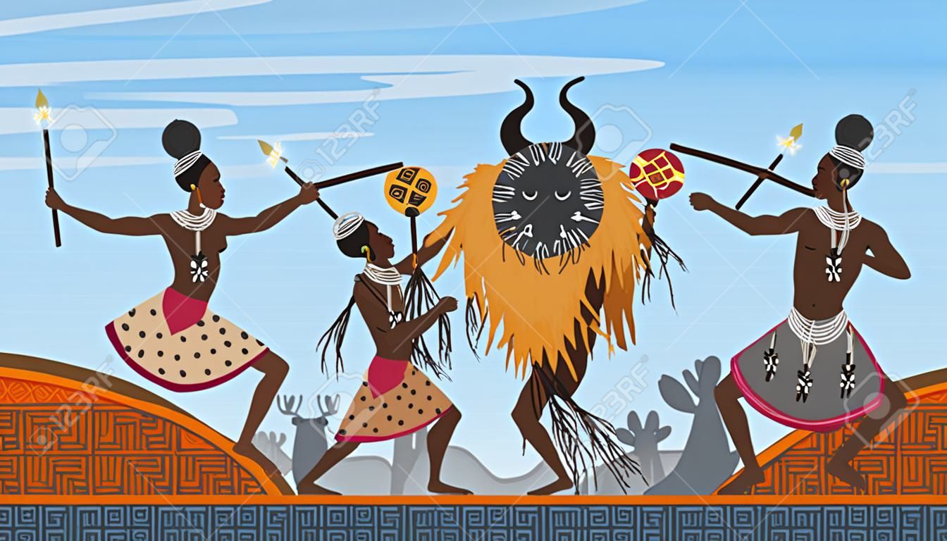African people dance on traditional ethnic pattern ornament in Africa vector illustration. Cartoon aborigine warrior and shaman tribal dancers characters dancing ethnic native dances background
