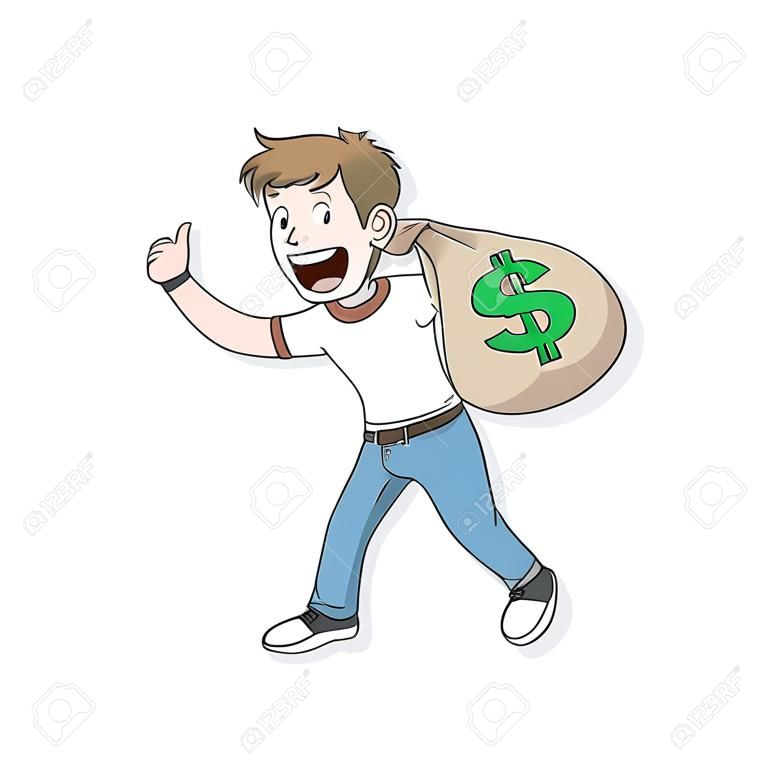 Profit, a hand drawn vector illustration of a man carrying a big bag filled with money.