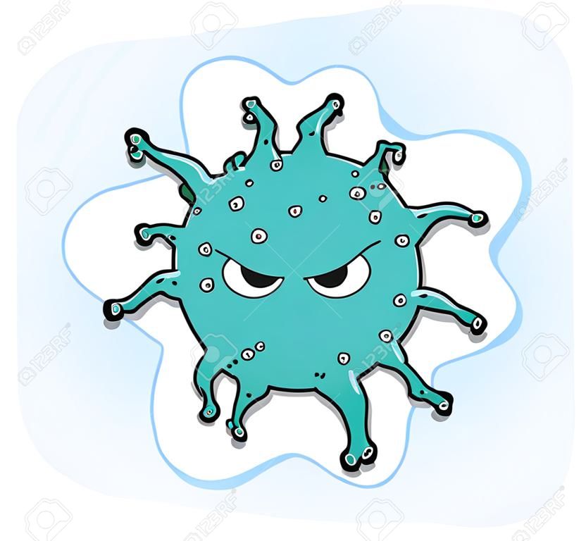 Ilustración de doodle de dibujos animados de virus corona sobre un fondo, vector de epidemia de covid-19