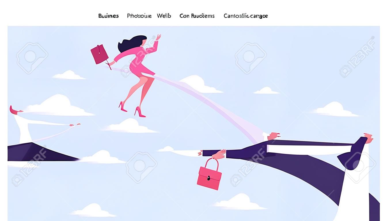 Strongest Will Survive Website Landing Page. Businesswoman Walk on Head of Colleague. Business Woman Overcome Abyss by Back of Man like Bridge Cartoon Web Page Banner. Cartoon Flat Vector Illustration