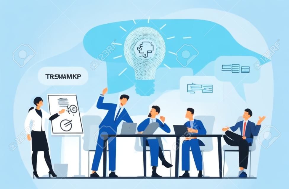 Brainstorm, Teamwork Process Concept. Zakenmensen bespreken Idee op Board Meeting in Office. Team Project Development