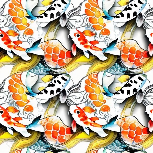Acquerello koi pesce seamless texture con le onde su sfondo