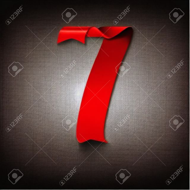 Red ribbon 7 vector number. Decorative red digit seven character with 3d effect.