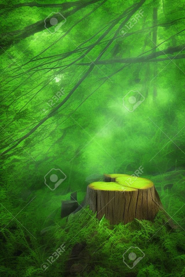 Tree stump in the green forest. Summer in the forest. Copy space