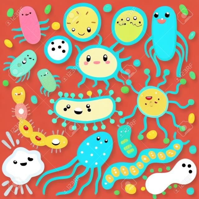 Coleção de personagens de germe bonito. Conjunto com bactérias, vírus, micróbios, patógeno em estilo plano. micróbios bons e ruins. Ilustração vetorial de arte.