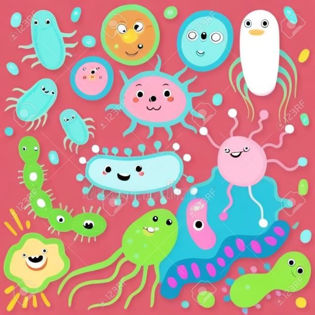 Coleção de personagens de germe bonito. Conjunto com bactérias, vírus, micróbios, patógeno em estilo plano. micróbios bons e ruins. Ilustração vetorial de arte.