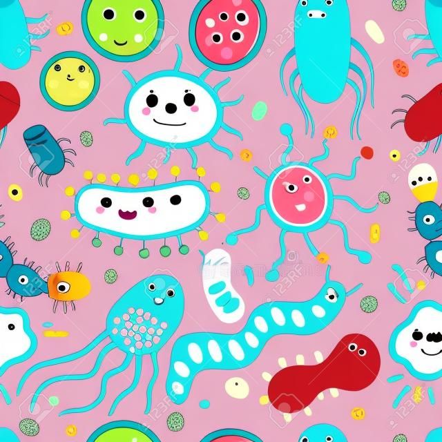 かわいい胚芽キャラクターシームレスなパターン。細菌、ウイルス、微生物、平らなスタイルの病原体との背景。良い微生物と悪い微生物。アートベクターのイラストレーション。