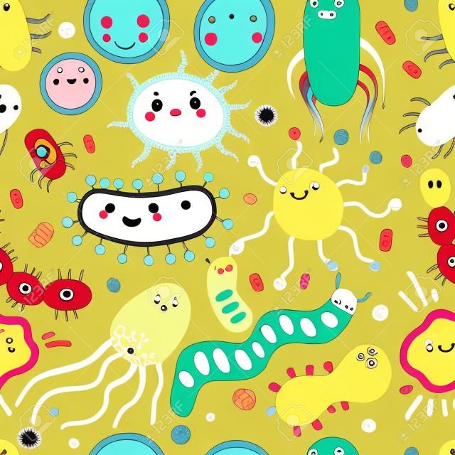 귀여운 세균 문자 완벽 한 패턴입니다. 플랫 스타일의 박테리아, 바이러스, 미생물, 병원체가 있는 배경. 좋은 미생물과 나쁜 미생물. 아트 벡터 일러스트 레이 션.